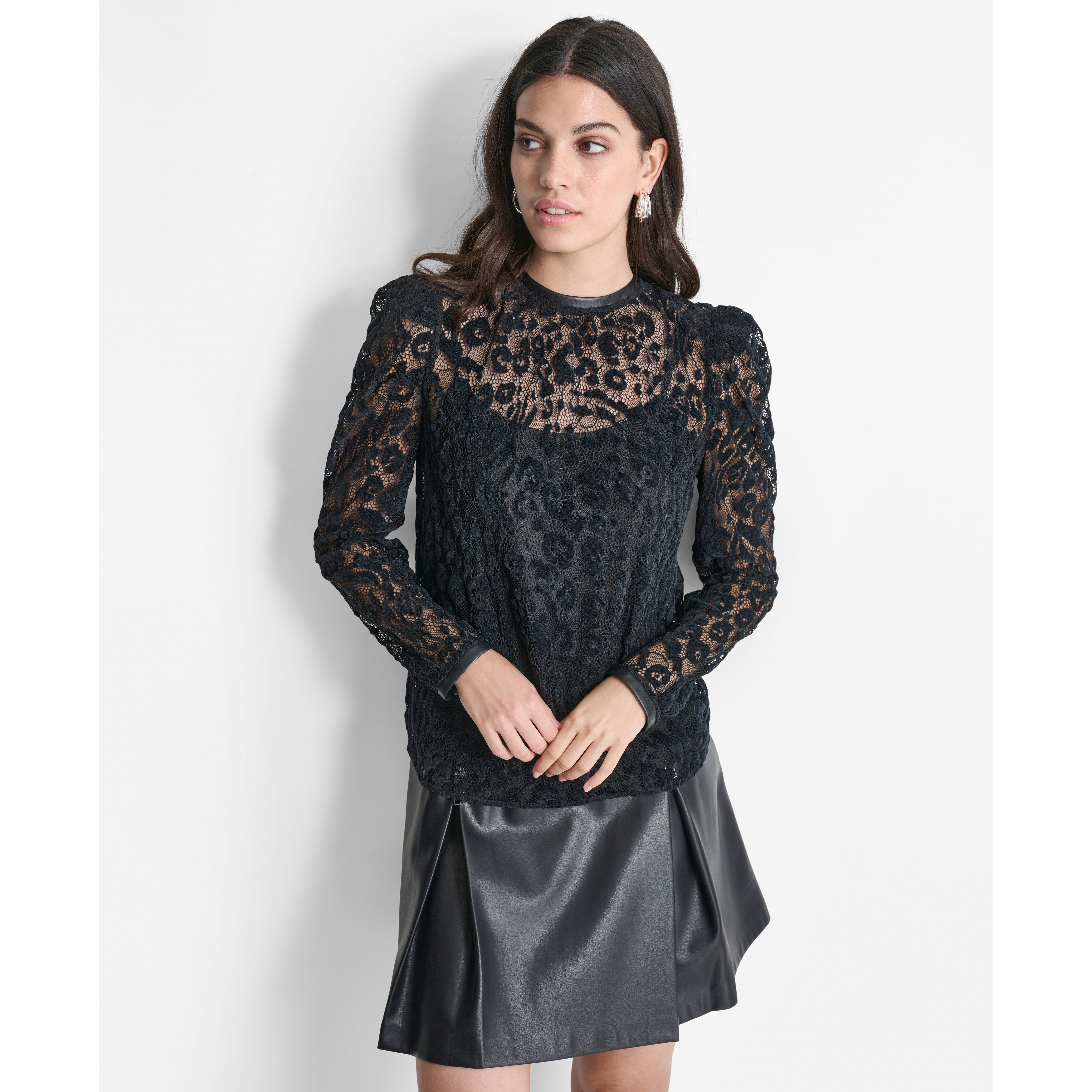 DKNY Floral Mesh Lace Long Sleeve Top