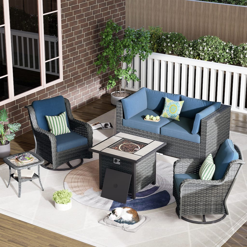 OVIOS 6-Piece Low-profile Swivel Chair Fire Table Outdoor Patio Furniture Set
