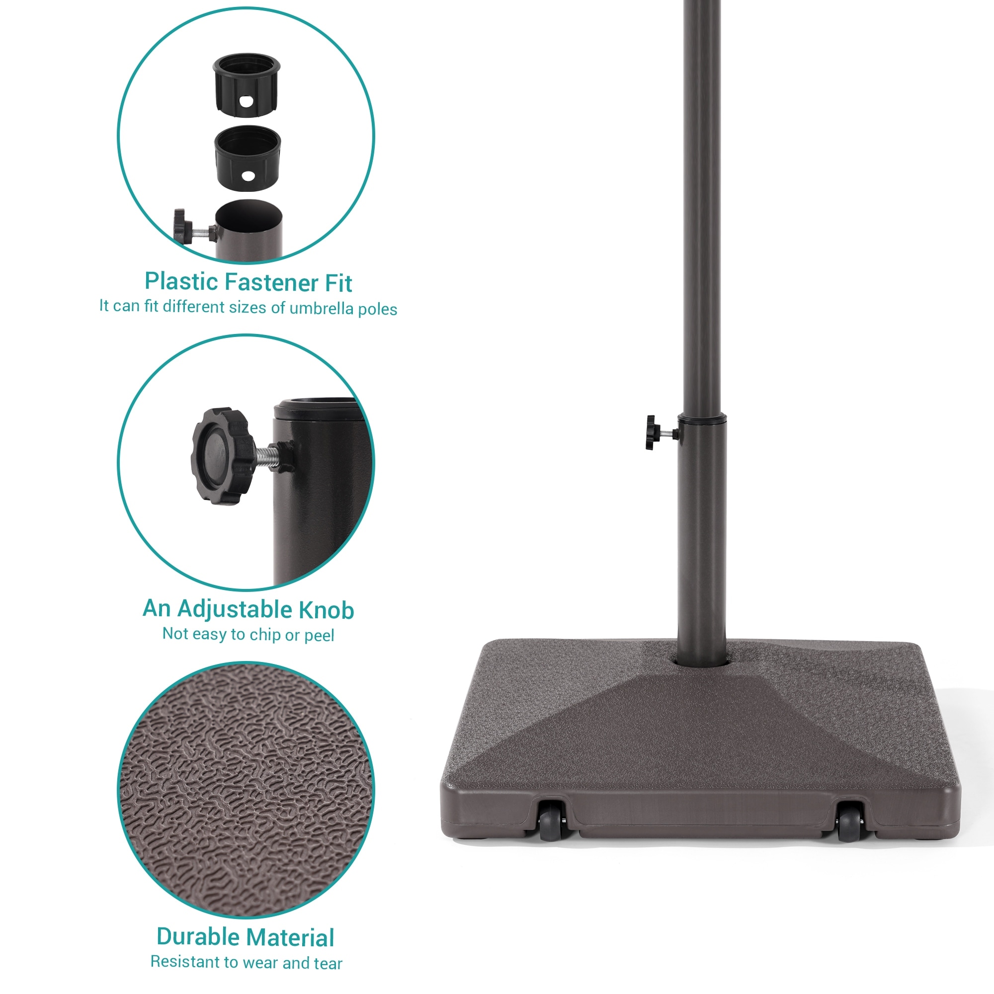 90 lb patio umbrella base Tough As Nails 90lb Water Filled With Built In Ice Cooler 3 In 1 Outdoor Table With Umbrella Hole Fits 1.5 To 1.9 Inch Poles For all hardware included BONOSUKI 57-90LB Round Dark Brown