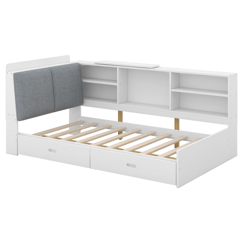 Twin Size Bed with Storage Headboard, Shelves, Drawers