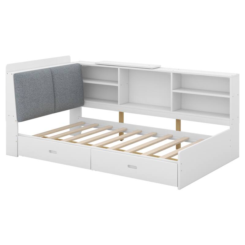 Wood Twin Size platform bed with Storage Headboard, Shelves and 2 Drawers