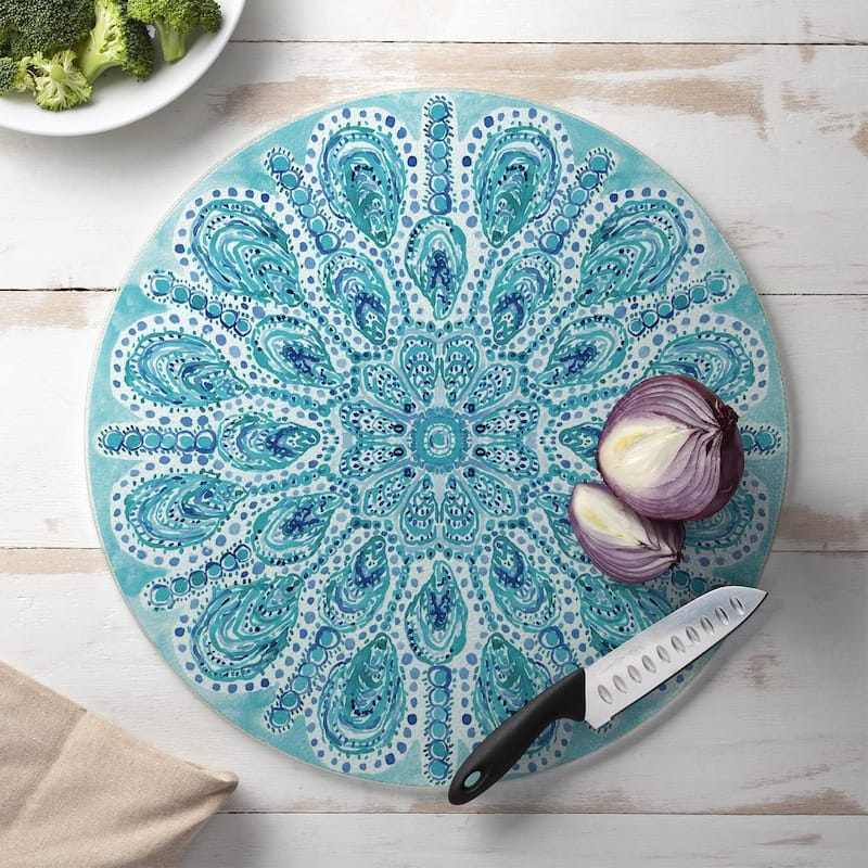 Ocean Fantasy 4mm Heat Tolerant Round Tempered Glass Cutting Board 16" Round Made in the USA Food Preparation Board