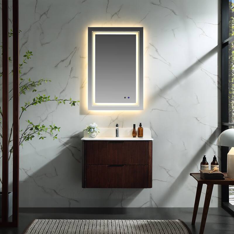 Modland Fluted Floating Vanity with Sink, Plywood Wall Mount Cabinet, Curved Edge, 24/30/36 Inch