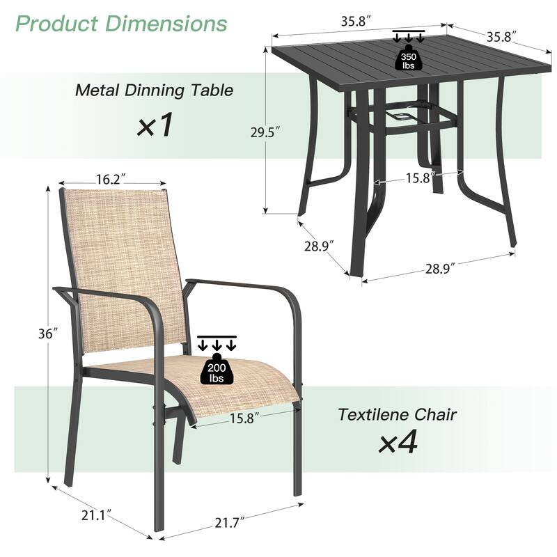 Patio Dining Set, Outdoor Dining Table and Chairs Set with Textilene Chairs, Adjustable Umbrella Hole for Garden, Backyard