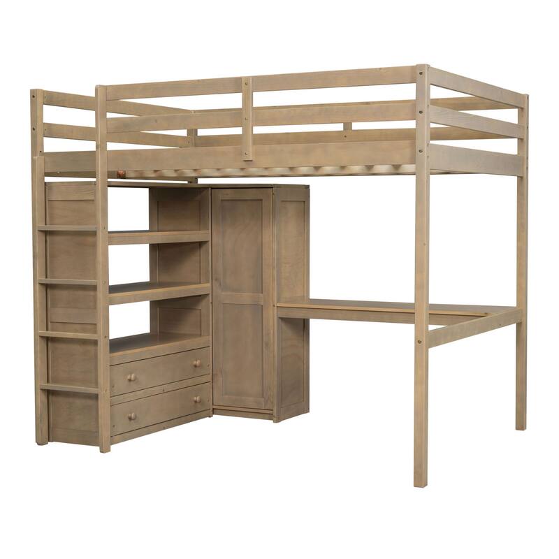 Full Size Pinewood Loft Bed with Built-in Study Desk and Wardrobe, Storage Shelves and 2 Drawers, Full-length Guardrails