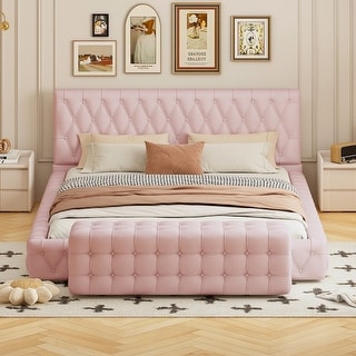 2-Pcs Tufted Upholstered Platform Wooden Bedframe with Ottoman, Pink