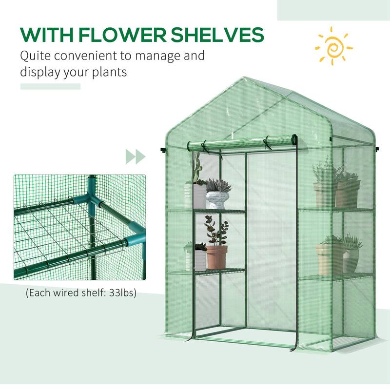 Outsunny 56" x 29" x 77" Mini Walk-in Greenhouse Kit, Portable Green House with 4 Shelves, Roll-Up Door