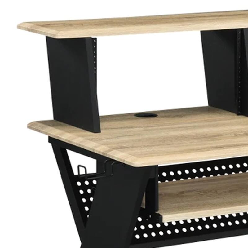 Tin 47 Inch Wood Music Desk Studio Station, Keyboard Tray, Shelves, Brown