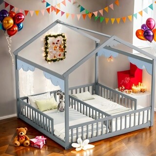 Kid Bed Frame Double Twin Size Floor Bed with Fence and Guardrails without Door