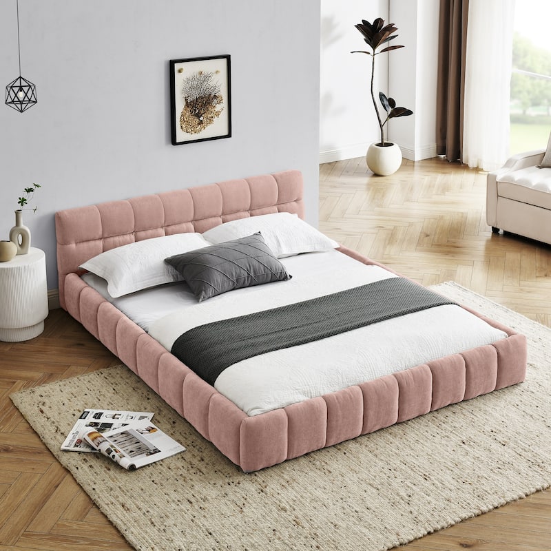Block Thick Chenille Low Profile Platform Bed Fabric Upholstered Bedframe with Headboard Solid Wood Frame - Optional Storage Bed - Pink - Queen