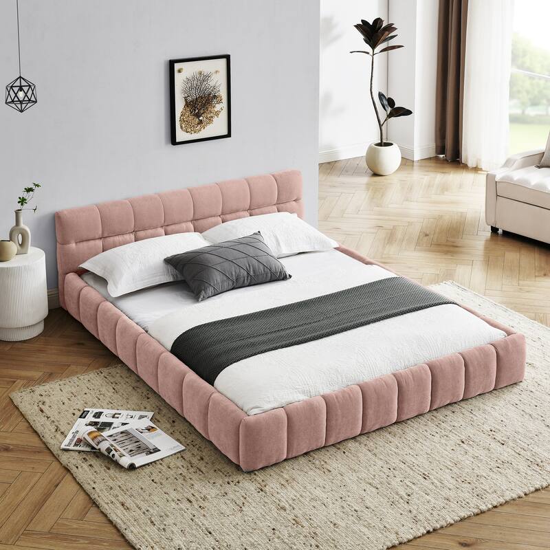 Upholstered Bed Frame with Thick Fabric, Chenille Fabric Grounded Platform Bed with Headboard and Solid Frame