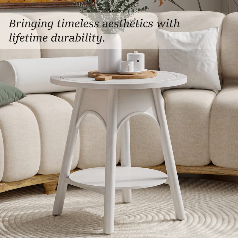 COZAYH Modern Distressed White Round End Table with Lower Shelf, Farmhouse Side Table for bedroom, living room, or office