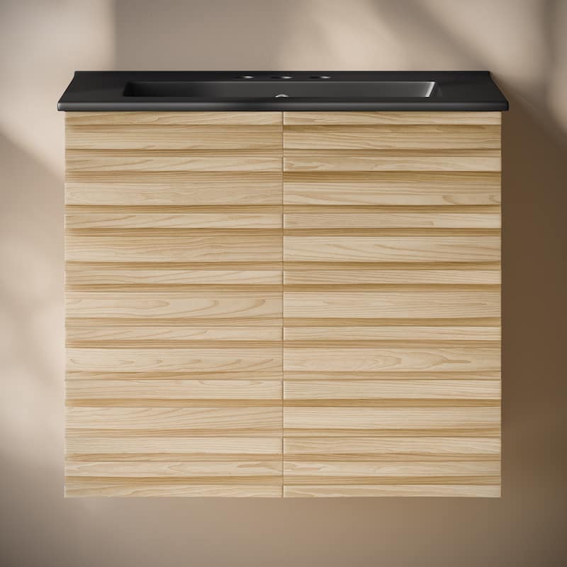 Cascade 24" Wall-Mounted Bathroom Vanity In Natural Oak With Black 3-Hole Centerset Sink Top - 24