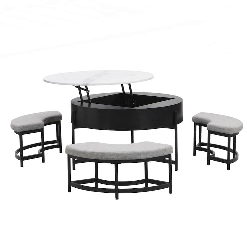 Modern Round Lift-Top Coffee Table with Storage & 3 Ottoman