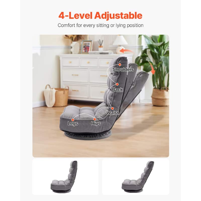 4-Position Adjustable Swivel Floor Chair with Linen Fabric & Foldable Design – Grey - 22" x 21.7" x 30.4"