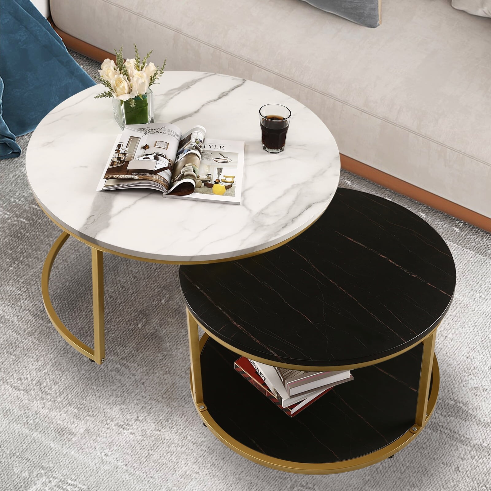 Modern Nesting Coffee Table,Round Coffee Tables for Living Room,Faux Marble Wooden Top & Gold Metal Frame