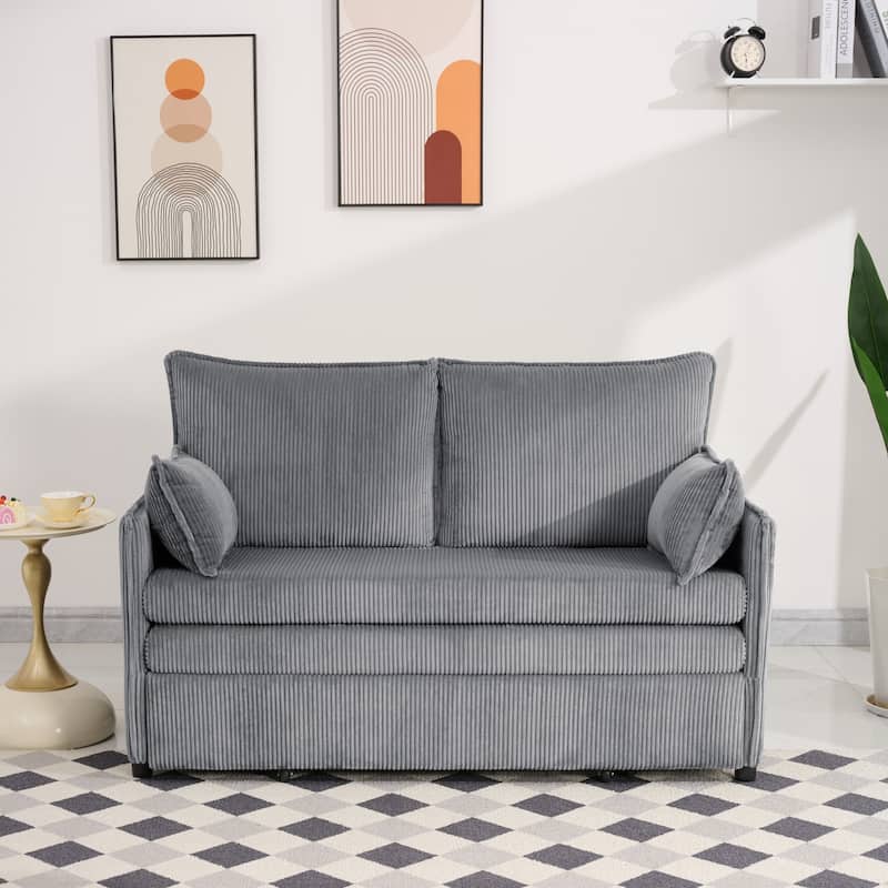 Roomfitters 55" Modern Corduroy Sofa Bed with Pull-out Sleeper Design, Modular Daybed with Storage Pocket & Pillows