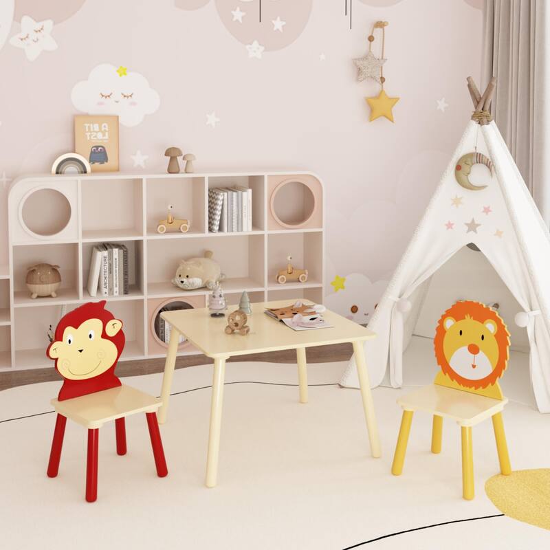 Anmytek Toddler 3-Piece Wooden Table and Chair Set Kids Activity Desk with Animal Backrest for Playroom Nursery