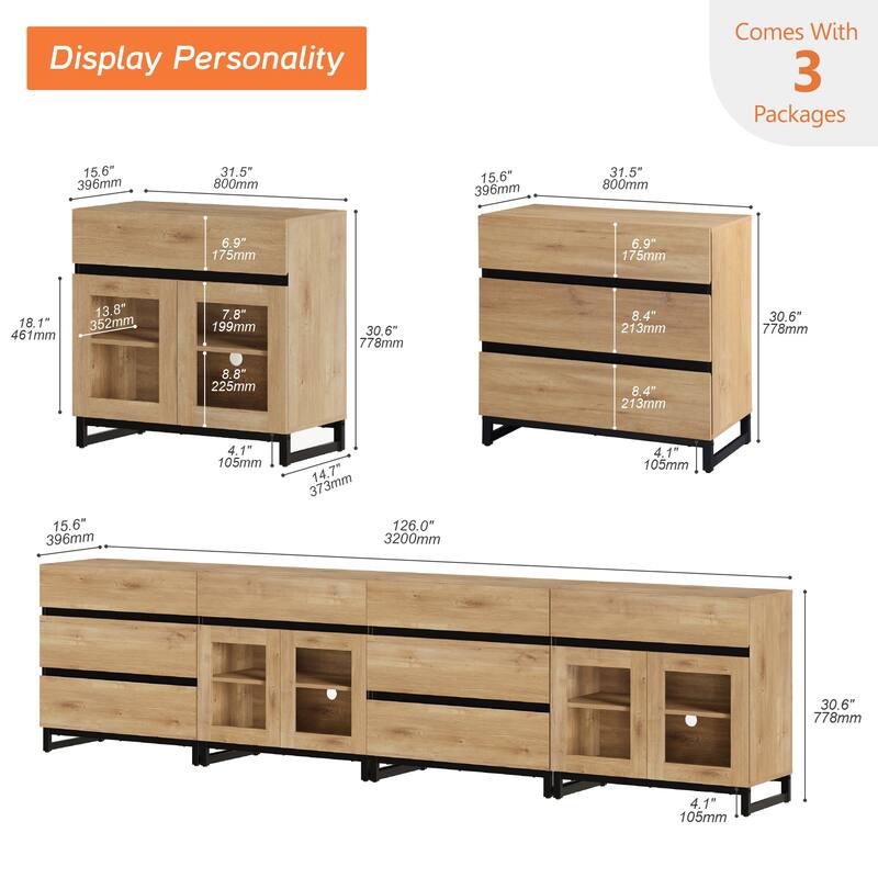 Modern 4 in 1 TV Stand for 120" TVs, Console with Glass Doors & 8 Drawers, Entertainment Center