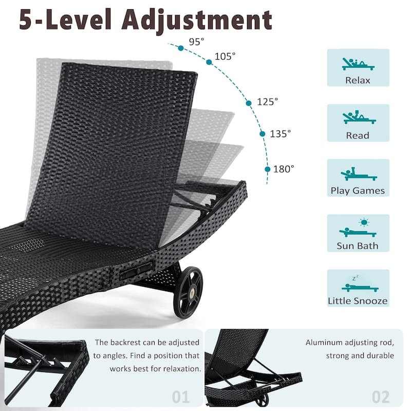 80"Patio Chaise Lounge Chairs Set of 2, Rattan Reclining Chair w/Rolling Wheels & Pull-out Side Table, Adjustable Backrest