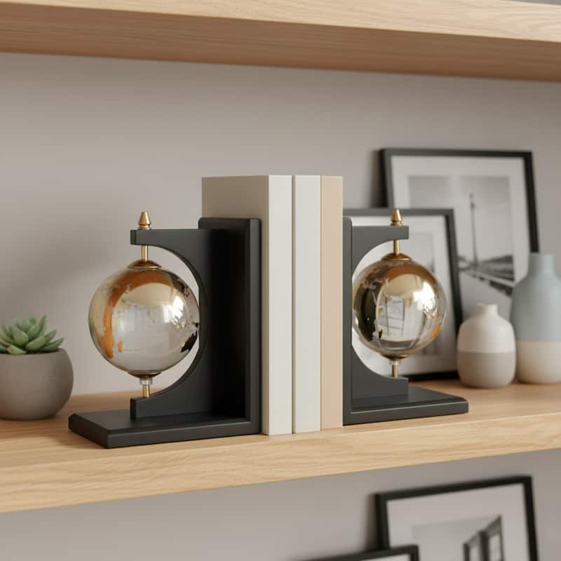 Decorative Glass and Metal Globes Bookends - Set of 2", 9", Black - 14.0"