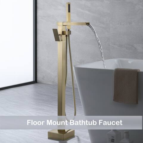 Luxury 3-Way Waterfall Bathtub Faucet Freestanding Tub Filler With Handheld Shower in Golden Brushed