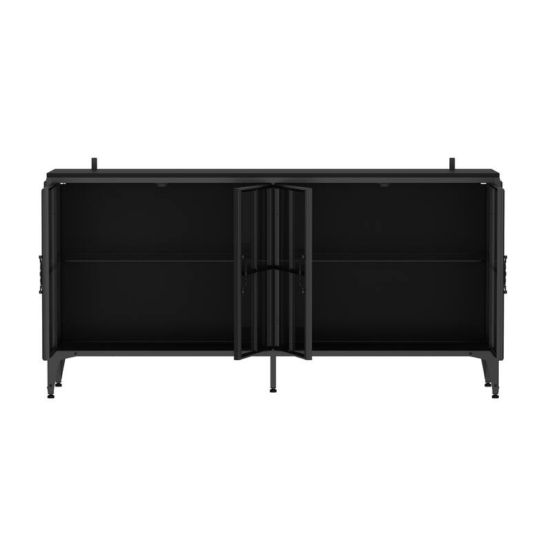 63" Black Glass Door Sideboard Cabinet with LED Lights, Metal Frame Storage Buffet Cabinet Wine Cabinet