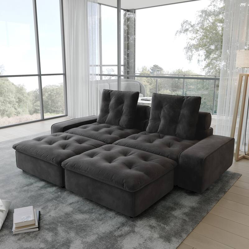 102.4" Oversized Down Filled Sectional Sofa for Living Room Frosted Fleece Minimalist Couches with Ottoman - Grey