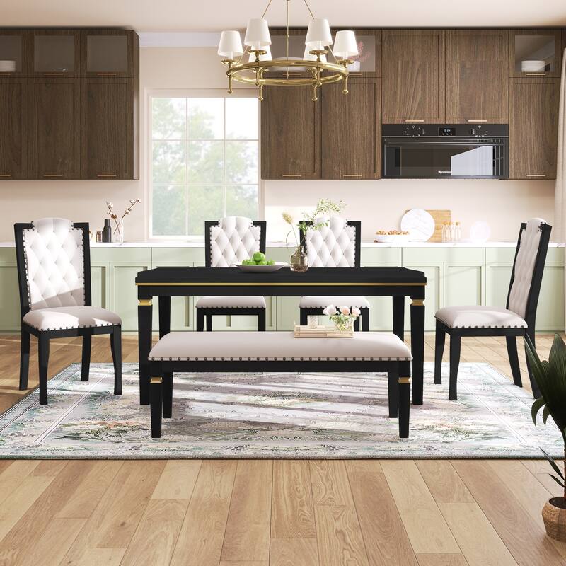 Kitchen Dining Table Set, Dining Room Table Set for 6 with Rectangular Table, Bench and 4 High Back Tufted Chairs