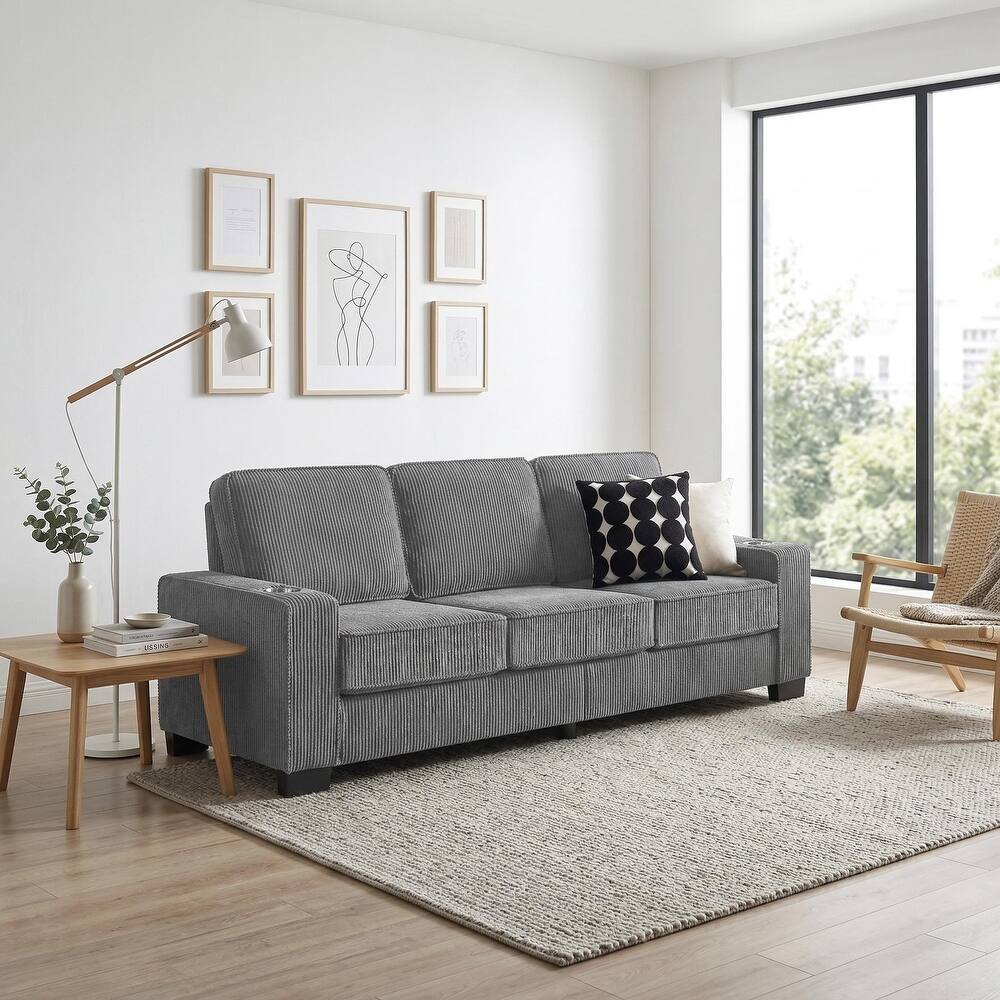 83.8'' Corduroy 3-Seat Sofa with Cup Holders, Modern Upholstered Couch, Compressed Living Room Sofa for Apartment Home Office