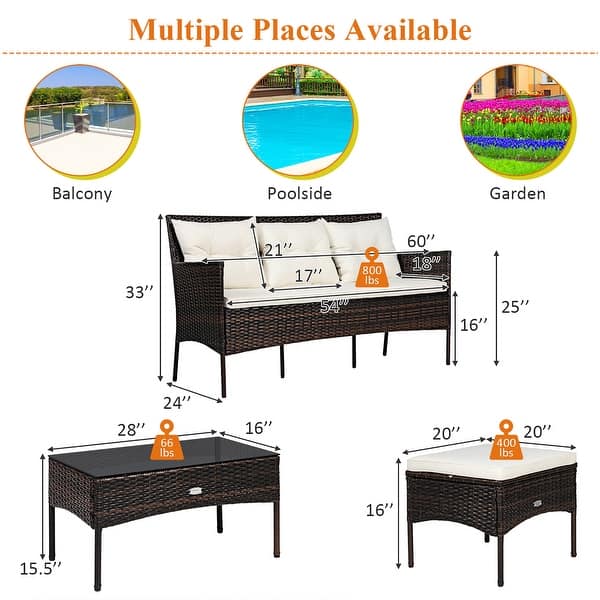 dimension image slide 0 of 3, Costway 3PCS Patio Rattan Furniture Set 3-Seat Sofa Cushioned Table - See details