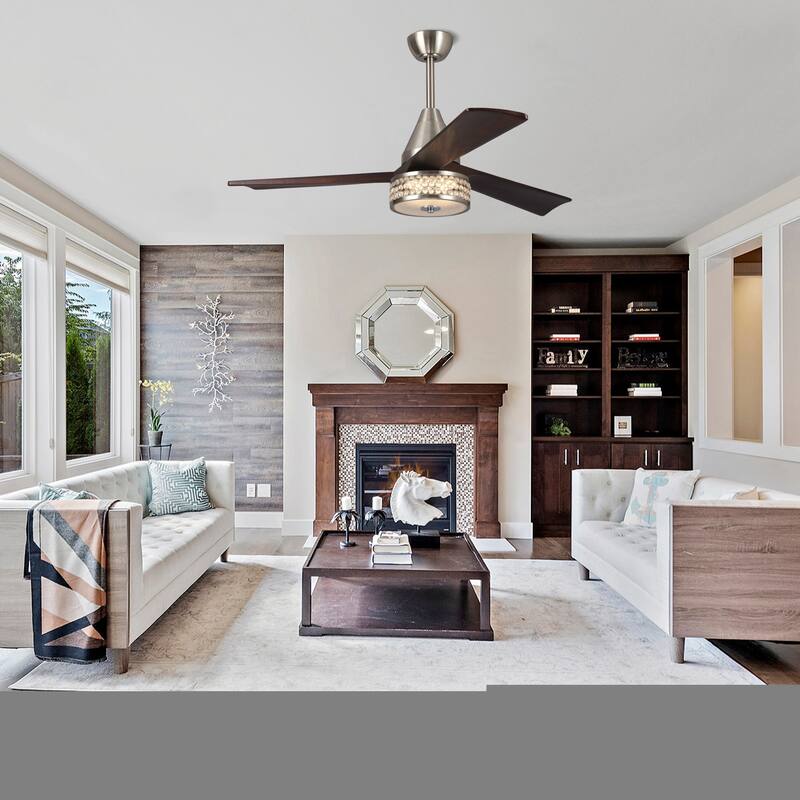 52 in. Indoor Semi Matte Nickel Downrod Mount Chandelier lED Ceiling Fan with Remote Control - 52" W x 52" D x 15.7" H