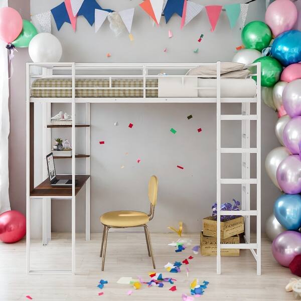 slide 2 of 60, Twin Size Metal Loft Bed With 2 Shelves And 1 Desk,2 Built-in Ladders,Solid Construction White