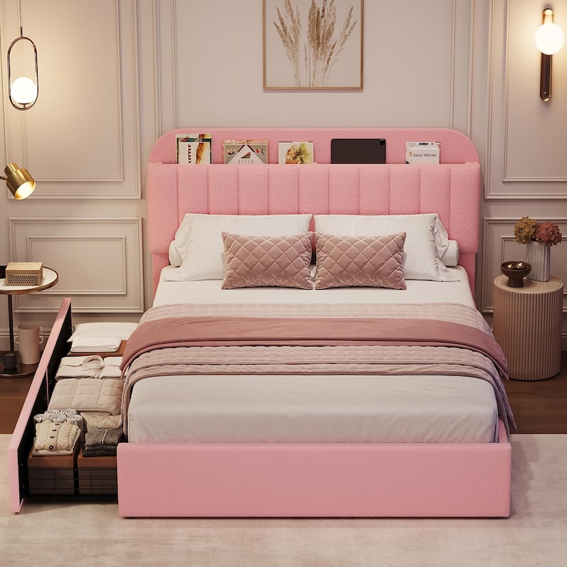 Twin XL/Queen Bed Frame with 2 Flexible Drawers and Bookcase Headboard, Boucle Upholstered Platform Bed for Boys/Girls
