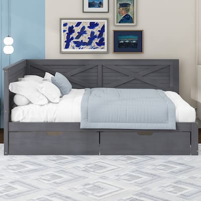 Twin Size Wooden Daybed with 2 Drawers, L Shaped Platform Sofa Bed Frame with Armrest and Backrest