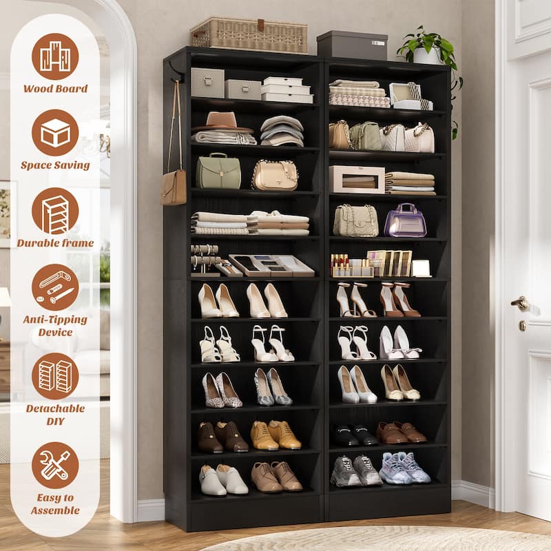 Freestanding 10-Tier Shoe Storage Cabinet,Narrow Wood Shoe Rack Shoe Organizer,Sturdy Closet Organizer Open Display Cabinet