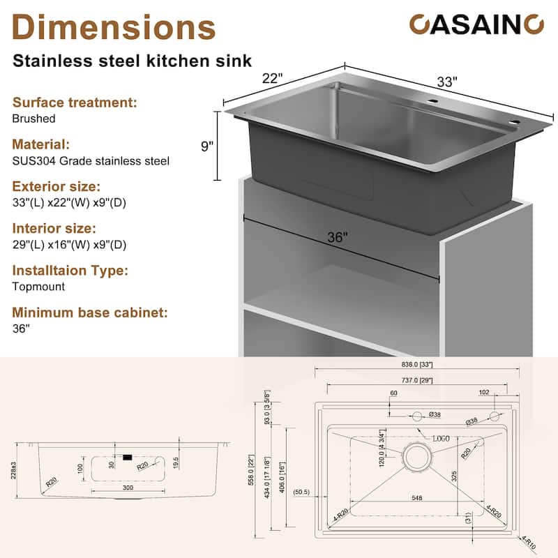 33 in. Drop-In 2-Hole Single Bowl 18 Gauge Stainless Steel Workstation Kitchen Sink with Accessories, cUPC Certified
