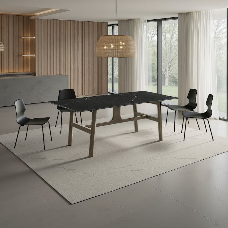 Eny Dining Table, 71 Inch Ceramic Rectangular Top, Walnut Brown Wood - Black, Walnut Brown