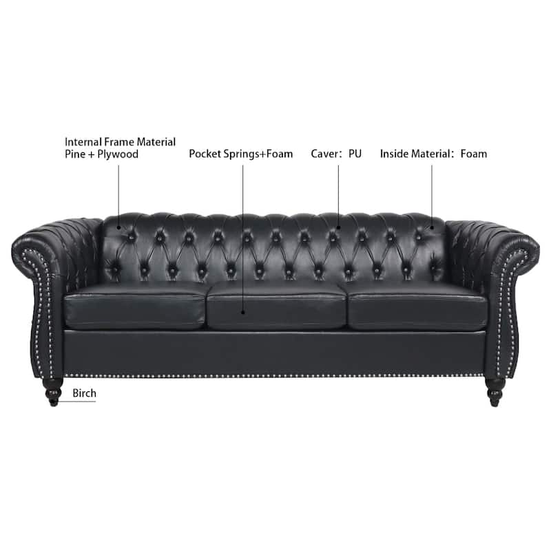 84.65" PU Rolled Arm Chesterfield 3 Seater Sofa