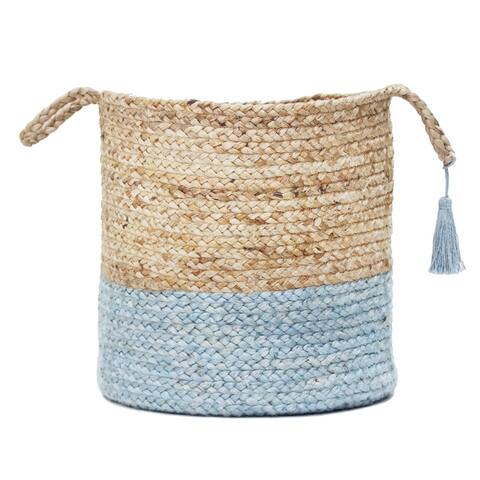 Two-Tone Natural Jute Woven Decorative Storage Basket with Handles