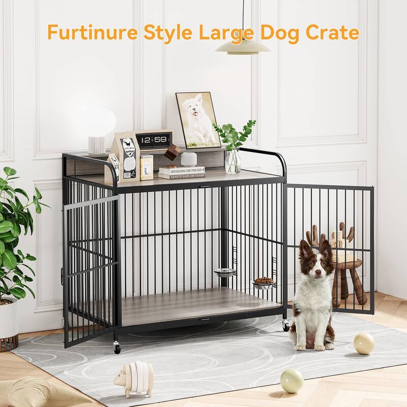 Dog Crate with Wheels, Adjustable Feeder, Storage Shelf, Table Top