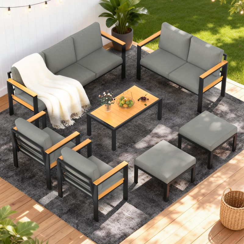 4/5/7-Piece Patio Conversation Set with Table, All-Weather Aluminum Furniture for Outdoor Living - Gray/Black - Set 7