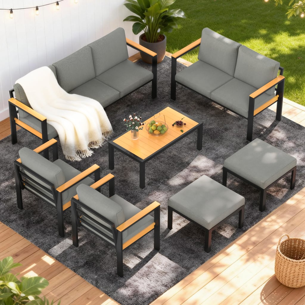 4/5/7-Piece Patio Conversation Set with Table, All-Weather Aluminum Furniture for Outdoor Living - Gray/Black - Set 7
