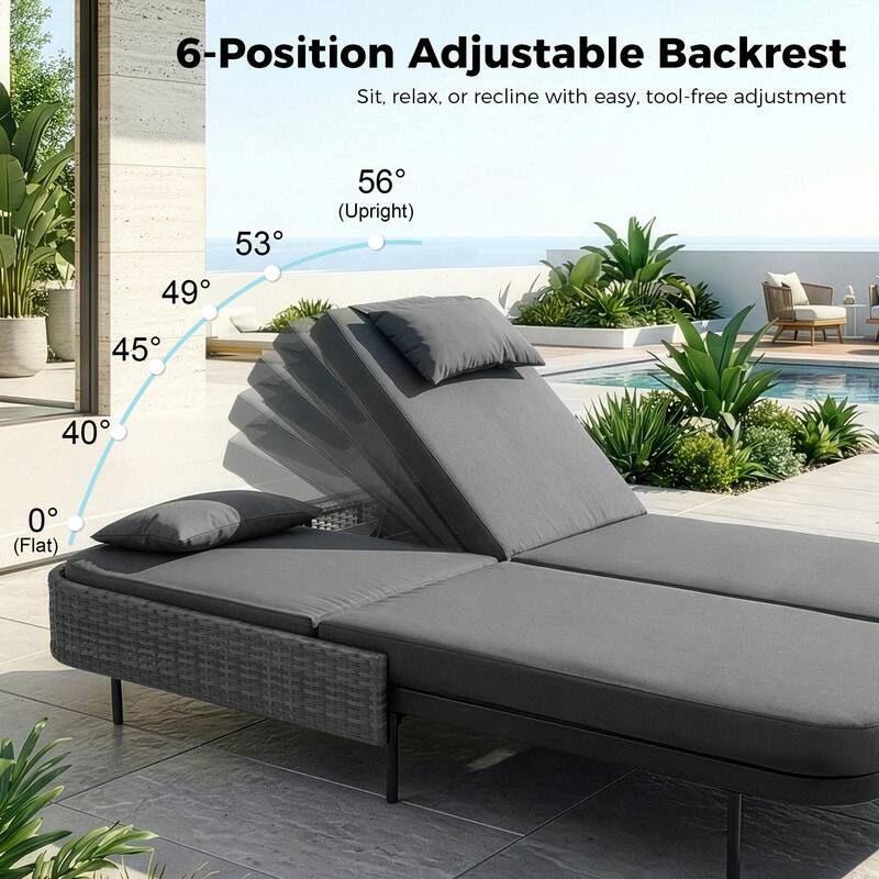 2-Person Outdoor Double Chaise Lounge with 2 Side Tables, Wicker Patio Reclining Daybed, Adjustable Backrests, 800 lb Capacity