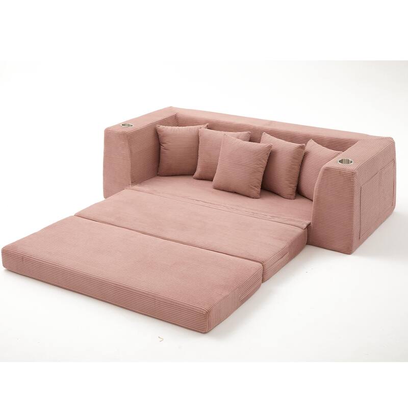 Modern Convertible Loveseat Sofa Bed, Corduroy Fabric Foldable Floor Couch w/5 Pillows, Side Pockets & Cup Holders, No Assembly