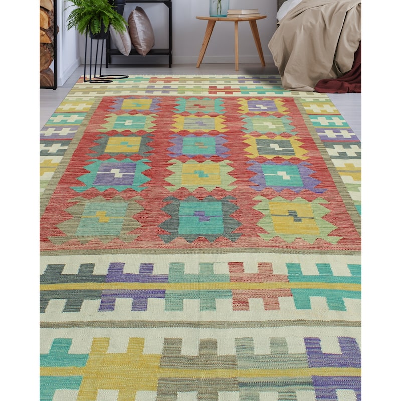 Sun Faded Flatweave Nanyamka Red/Ivory Rug - 6'7" x 10'0"