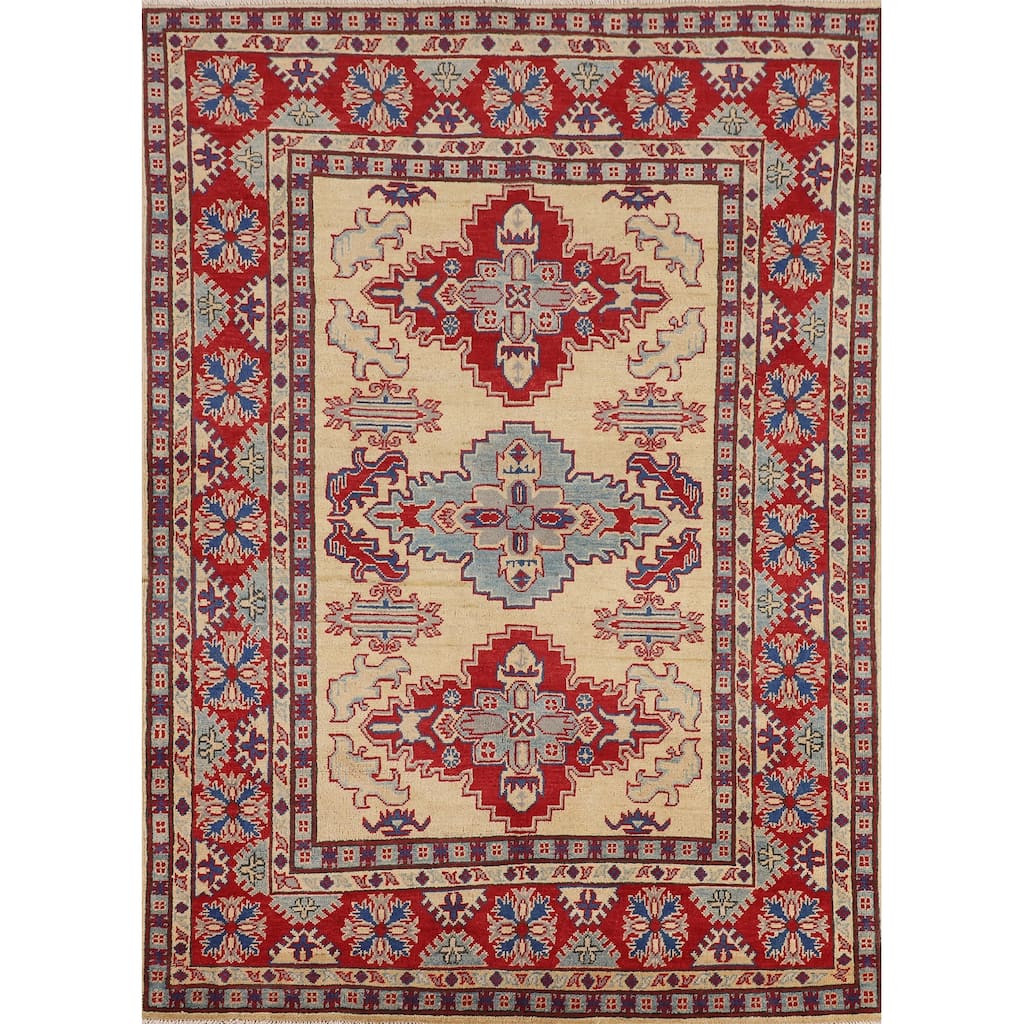 Geometric Beige Kazak Area Rug Hand-Knotted Bedroom Wool Carpet - 4'10" x 6'5"