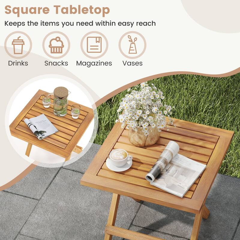 16” Portable Natural Acacia Wood Folding Side Table with Slatted Tabletop Ideal for Indoor or Outdoor
