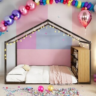Full Size House Bed with Roof and LED Lights,Kids Bed Design