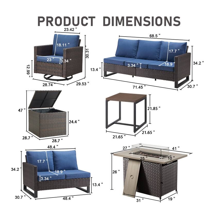 Gymojoy 6 Person All-Weather Wicker Outdoor Conversation Set Seating Group With Fire Pit Table